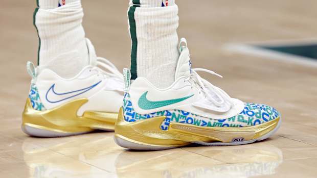 Nike Zoom Freak 3 worn by Milwaukee Bucks forward Giannis Antetokounmpo.